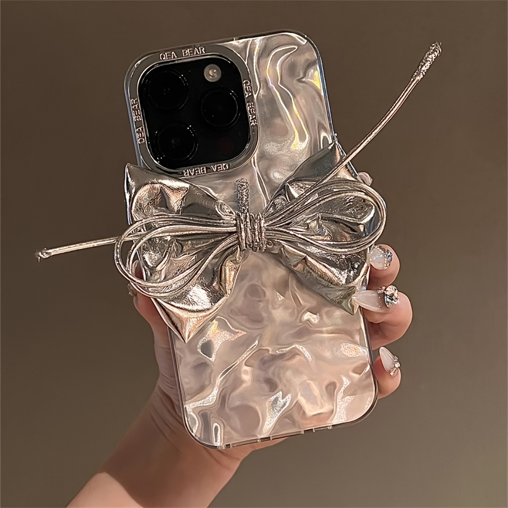 Japan Laser 3D Silvery Artificial Leather Bow Wrinkle Artistic Case for iPhone 15 14 13 12 16 Pro Max 11 Luxury Wave Water Ripple Cover