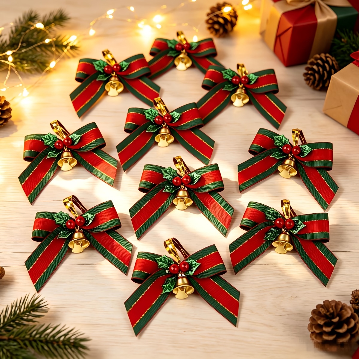 TEMU (10 pezzi/confezione) natalizie con fiocchi, appendini decorativi per regali di Natale, confezionati con nastri rossi e , decorazioni per albero