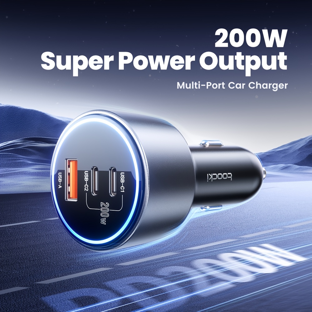 Toocki 200W (100W C1 + 100W C2) Chargeur de Voiture Rapide, 2C + 1USB Chargeur USB-C Rapide et Coloré, Compatible avec Téléphones Mobiles et Tablettes