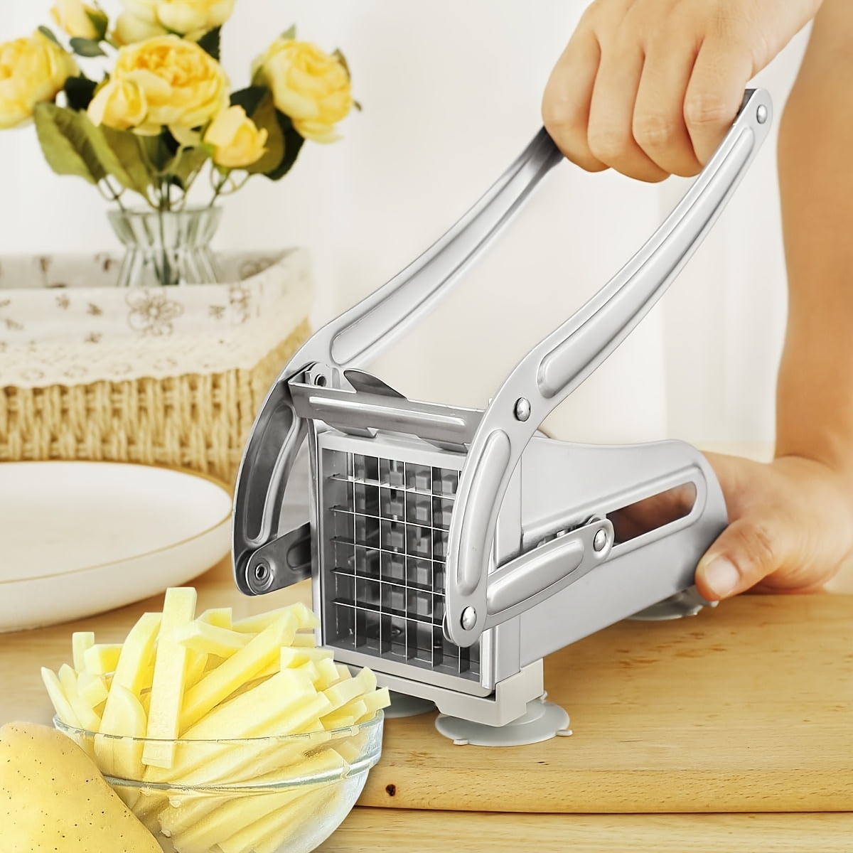 a stainless steel professional french fry cutter with 2 blade   a french fry slicer a french fry cutter for pressing   and a multi functional vegetable and fruit slicer with 36 46 hole blade food   details 1