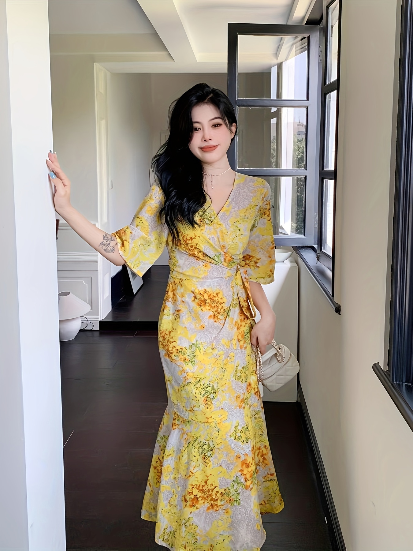 women's elegant v neck floral print dress mustard yellow Temu Kuwait - Main Image