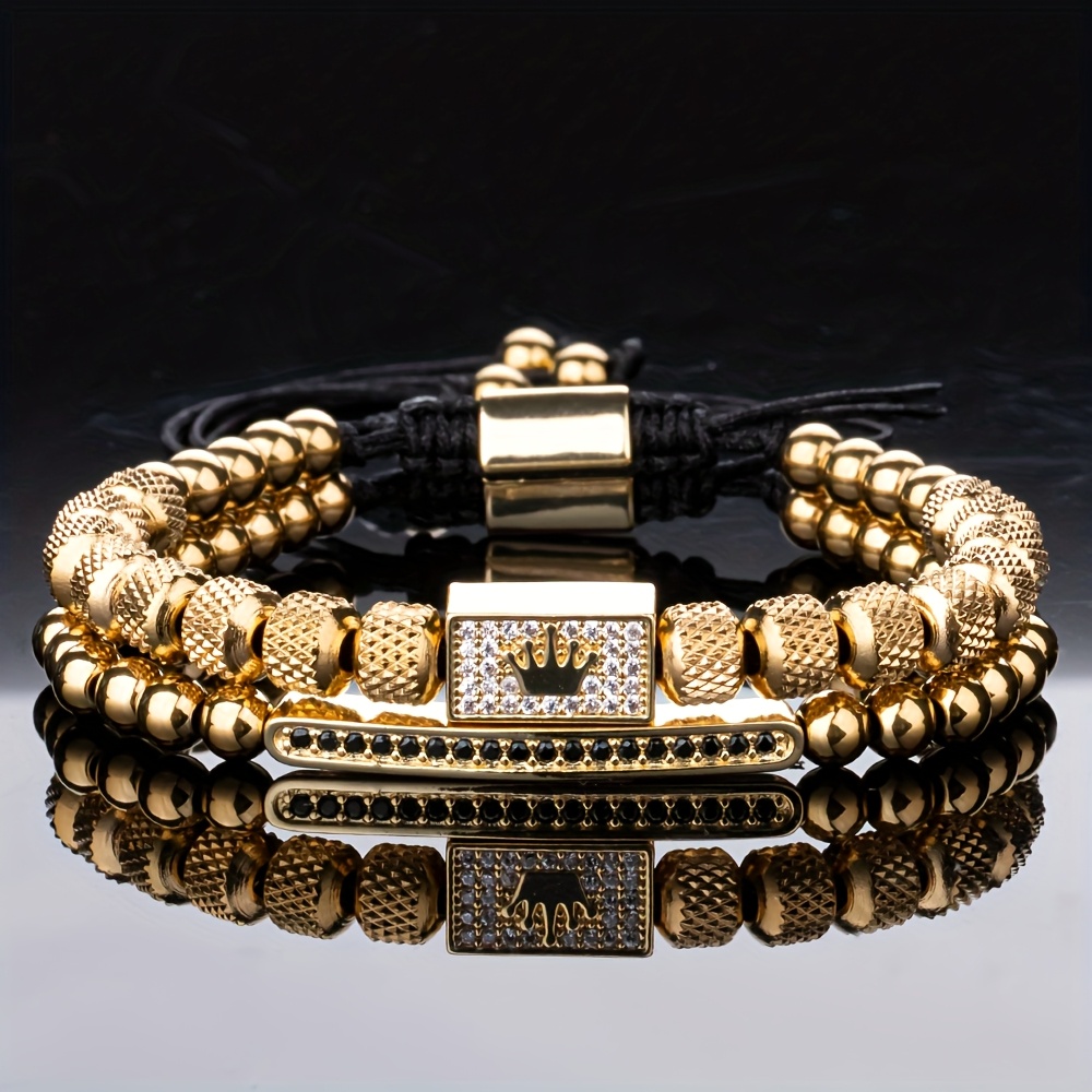 E-shop 2er-Set Luxuriöses Mikro-Winkelmaß-Kronenperlen-Armband für Herren, wunderschönes geflochtenes 316 Edelstahl-Armreif, verstellbare Größe,