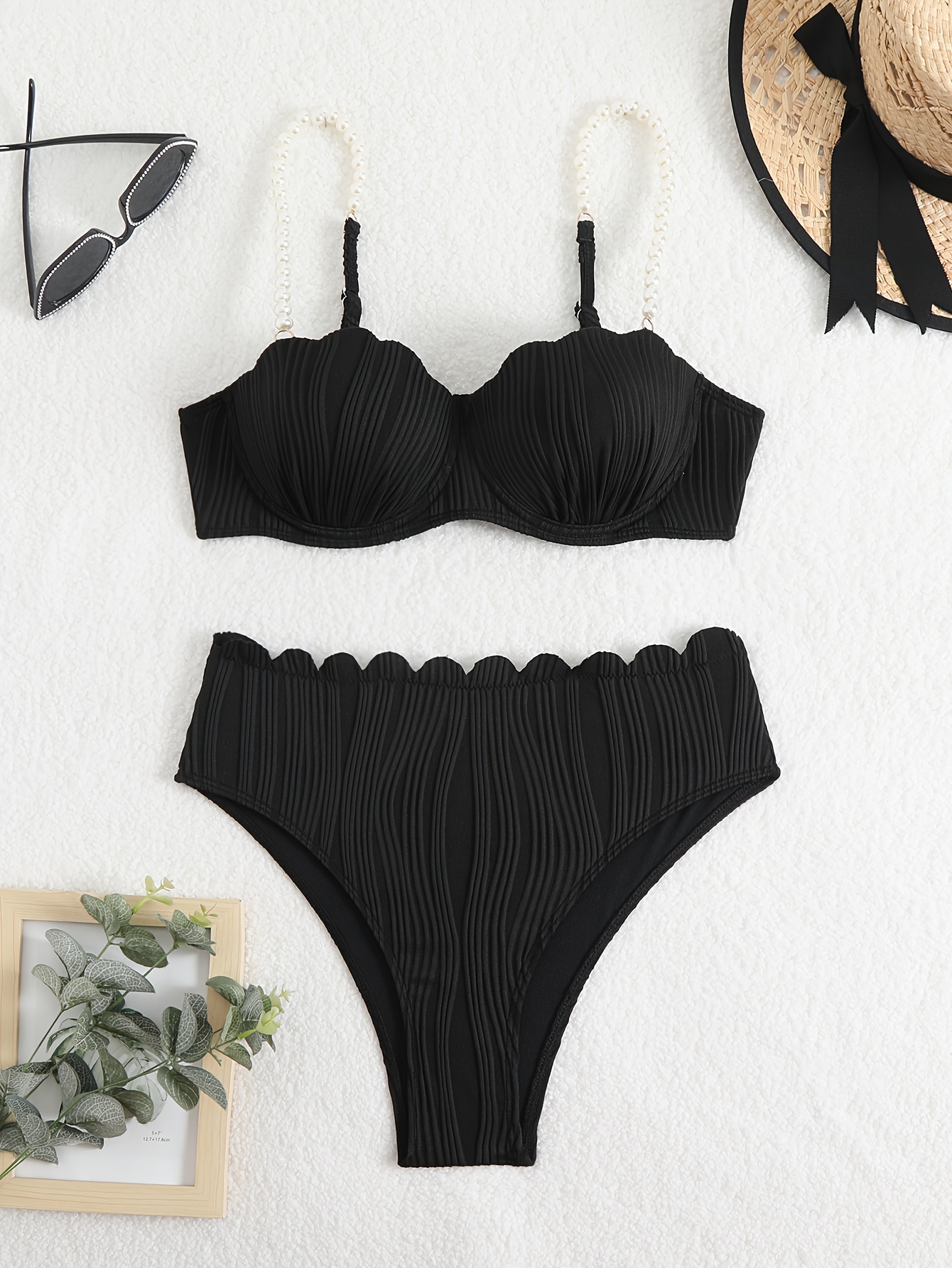 black bikini set high stretch   sleeveless solid color swimwear with conventional  