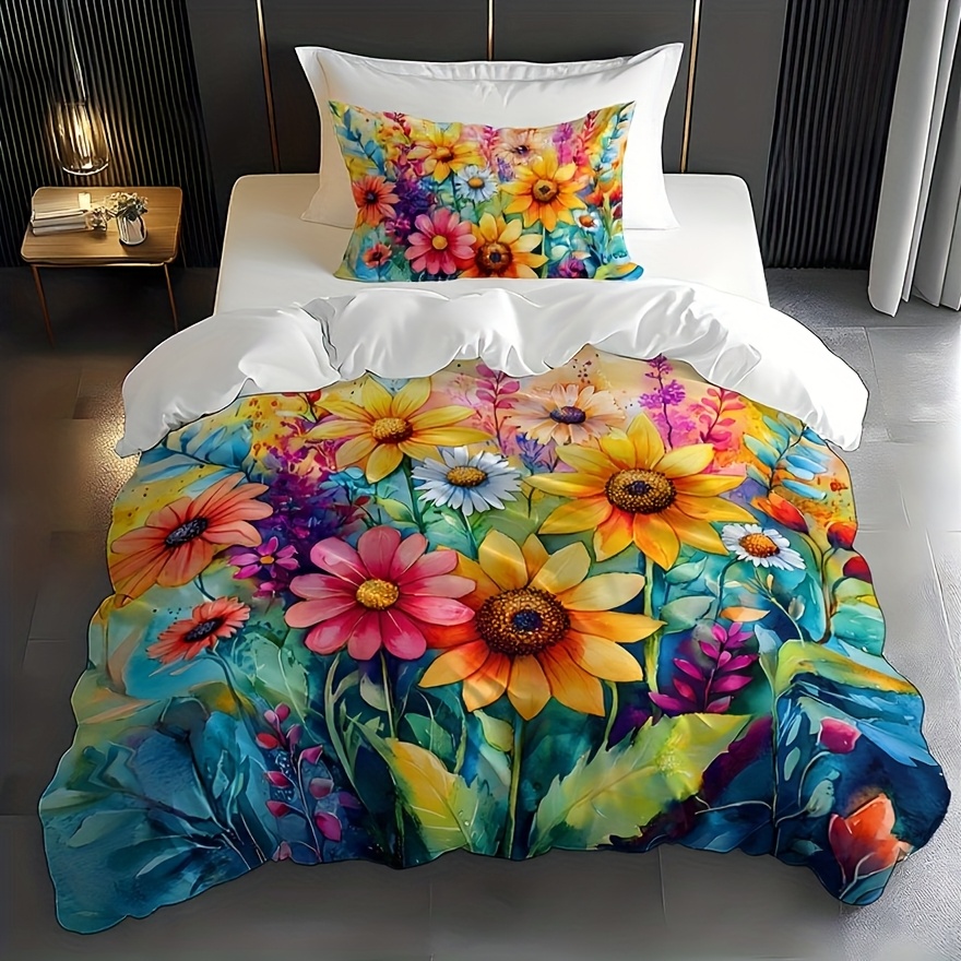TEMU 2/3pcs Valentine's Day Bedding | Brushed Polyester, Digital Printed, Wrinkle-resistant, Pill-resistant, , Watercolor Sunflower & Exotic Colorful
