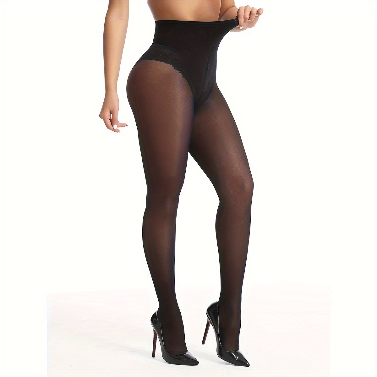 

Bas résilleux noirs élégants taille haute avec détail en dentelle - 40D, mélange de nylon/polyamide, élasthanne, lavable à , motif, mode féminine, une paire