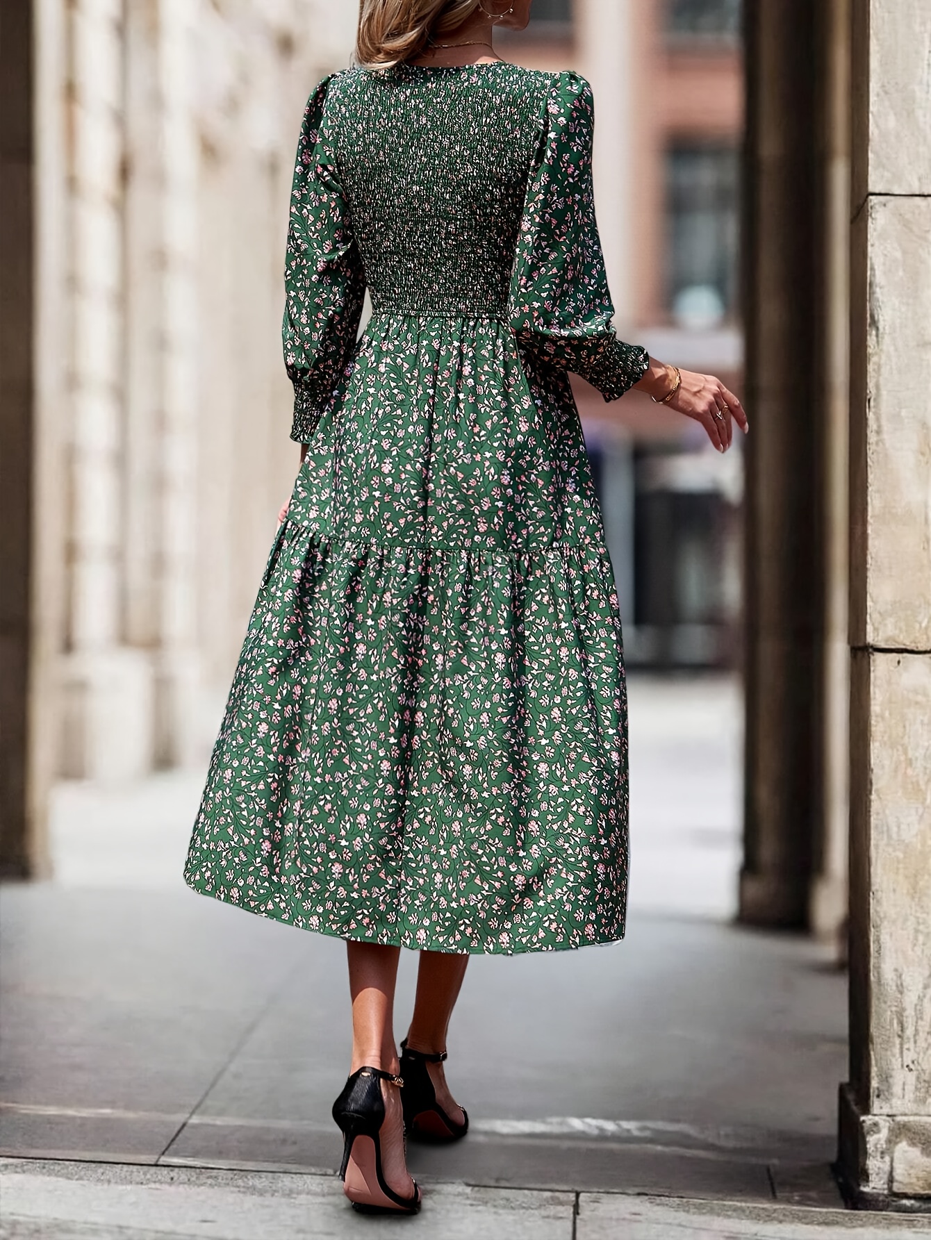 summer dresses long sleeve 2017 New Summer Dress Women Rose Print Dresses O-Neck 3/4 Sleeve Tunic