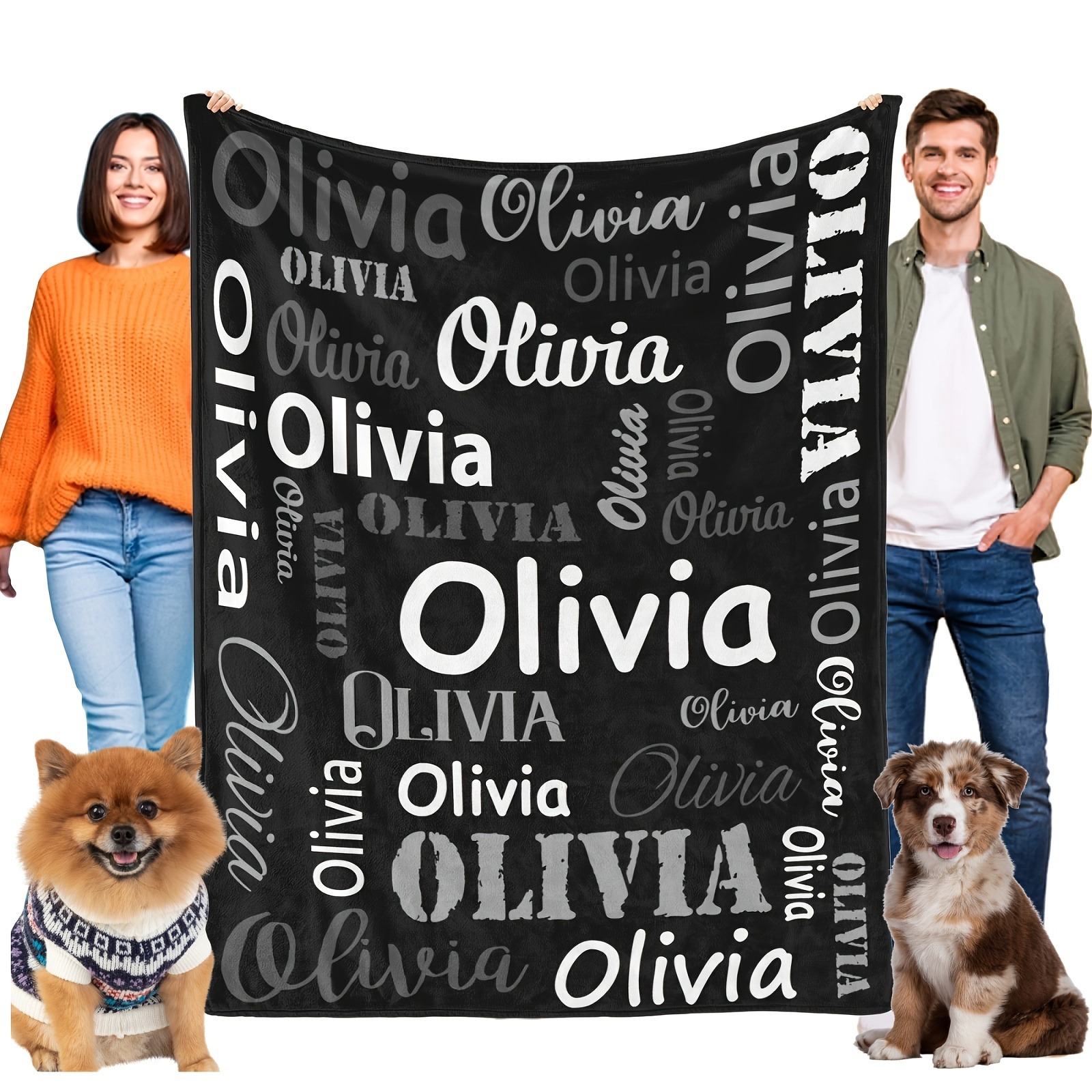 

1pc Personalized Pet Flannel Blanket For Bed Cage Couch, Soft Dog Throw Blanket With Name, Machine Washable Custom Pet Dog Blanket, Warm Cushion Mat Sleeping Blanket, Black