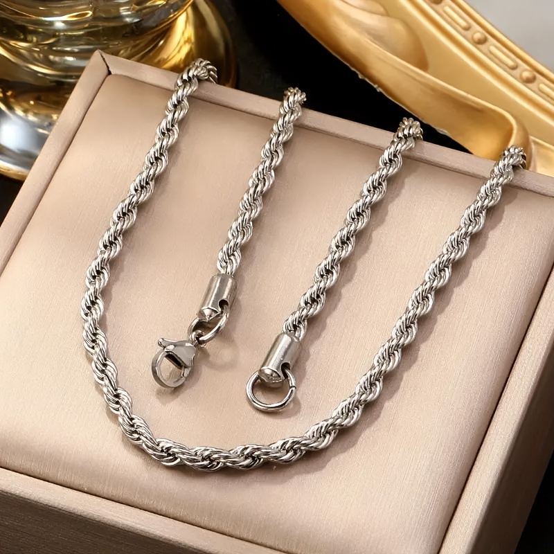 Minimalist 4mm Stainless Steel Twisted Rope Chain Necklace, Adjustable