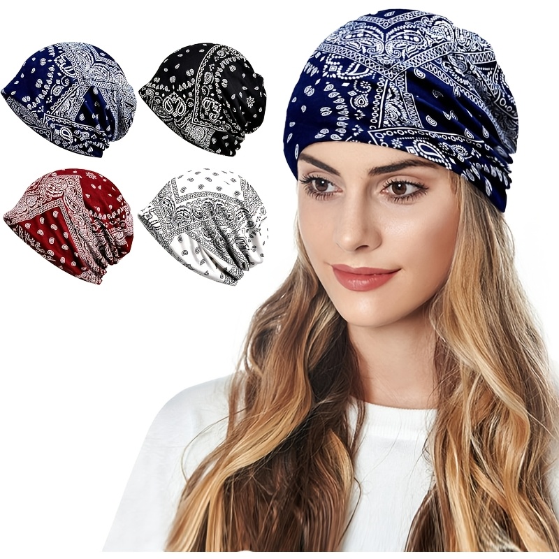 TEMU 4pcs Paisley Pattern Slouchy Beanie Hat Set, Boho Printed Skull , Lightweight Breathable Stretchy Head Cover, Casual Brimless Hat For Outdoor,