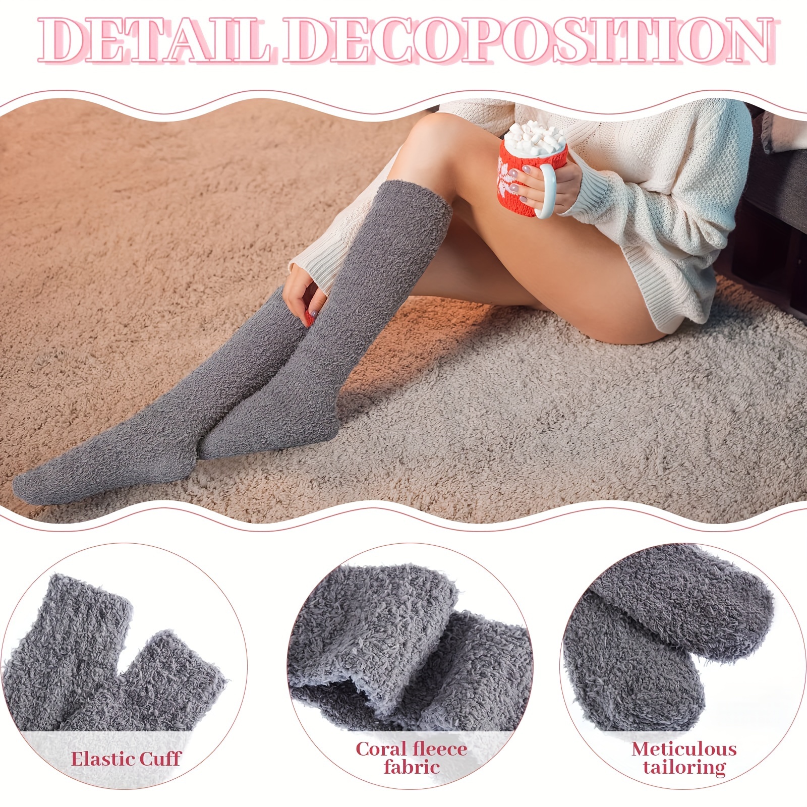 4 pairs heavy duty knee high plush socks ultra soft warm winter thermal floor sleep socks for s pink beige black grey cozy outdoor stockings hand wash only durable winter booties Product details 2