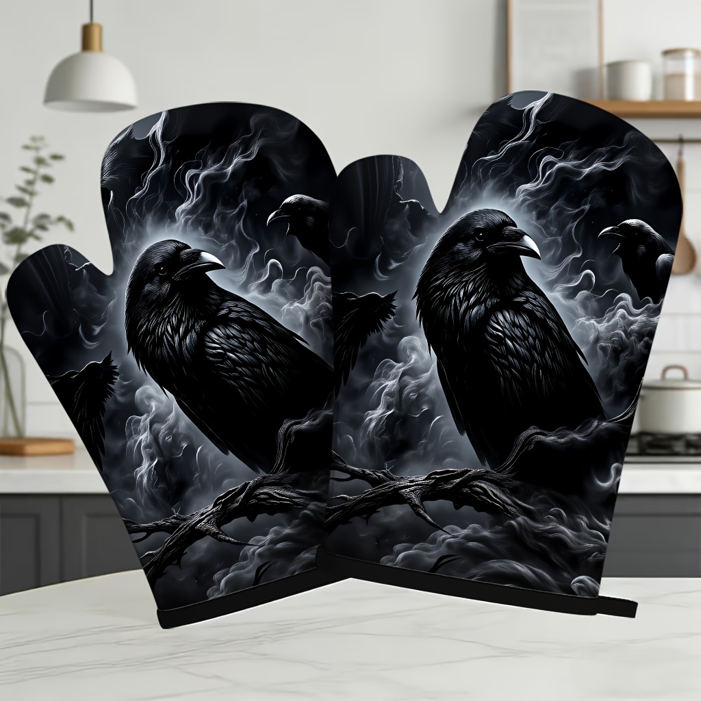 TEMU 2pcs Set Black And White Crow Dark Gothic Style Realistic Pattern Oven Heat-resistant Mitts - 27x17cm, Polyester Material, Suitable For Kitchen,