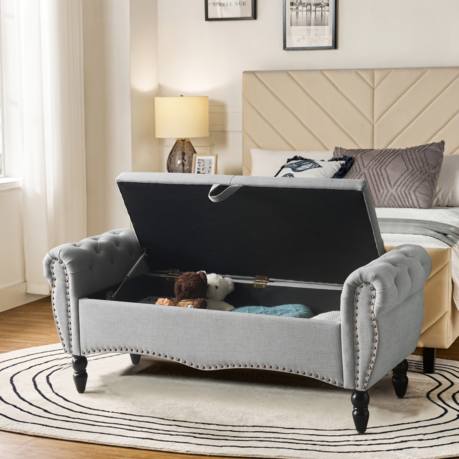 Mid-Century Modern Large Capacity Wooden Storage Box, Bedroom End of Bed Chair with Roll-Up Arms - Spacious Storage Space, Flip-Top Design, Perfect for Bedroom, Living Room, Hallway - Durable, Sturdy, Easy to Assemble
