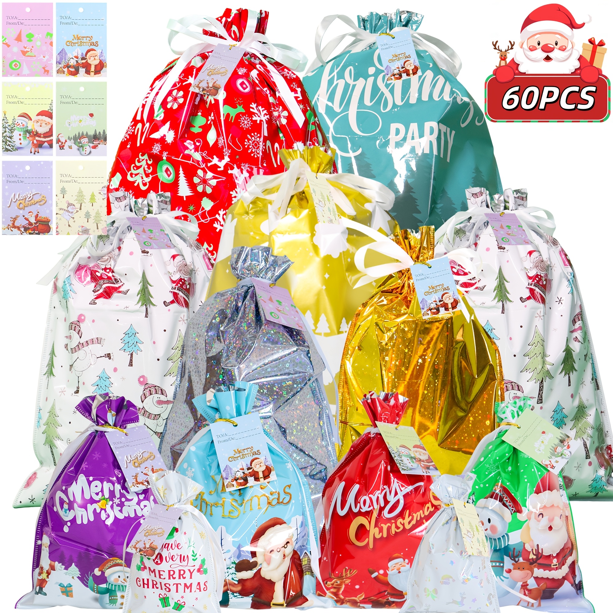 TEMU 60pcs Christmas Gift Bags(24pcs Bags+36pcs Cards) - 5 Sizes (jumbo/xl/l/m/s) Drawstring Closure, 12 Festive Patterns - Fast Wrapping Party