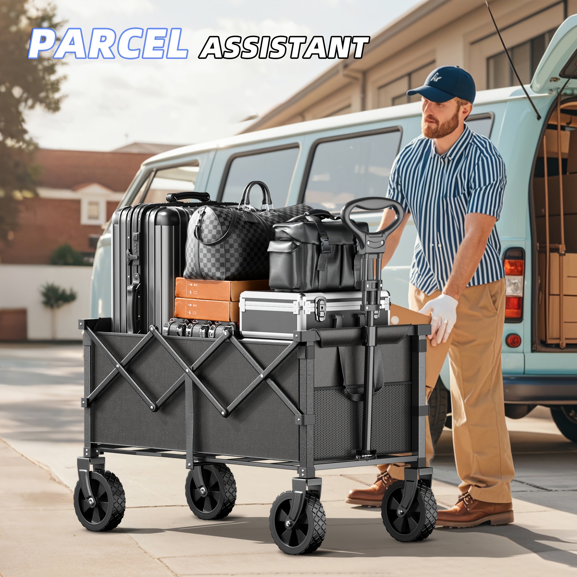 Collapsible Folding Wagon Cart, Large Capacity Camping Wagon, All Terrain Foldable Wagon, Heavy Duty Utility Wagon Cart For Grocery Outdoor Beach Gardening Shopping Fishing Black