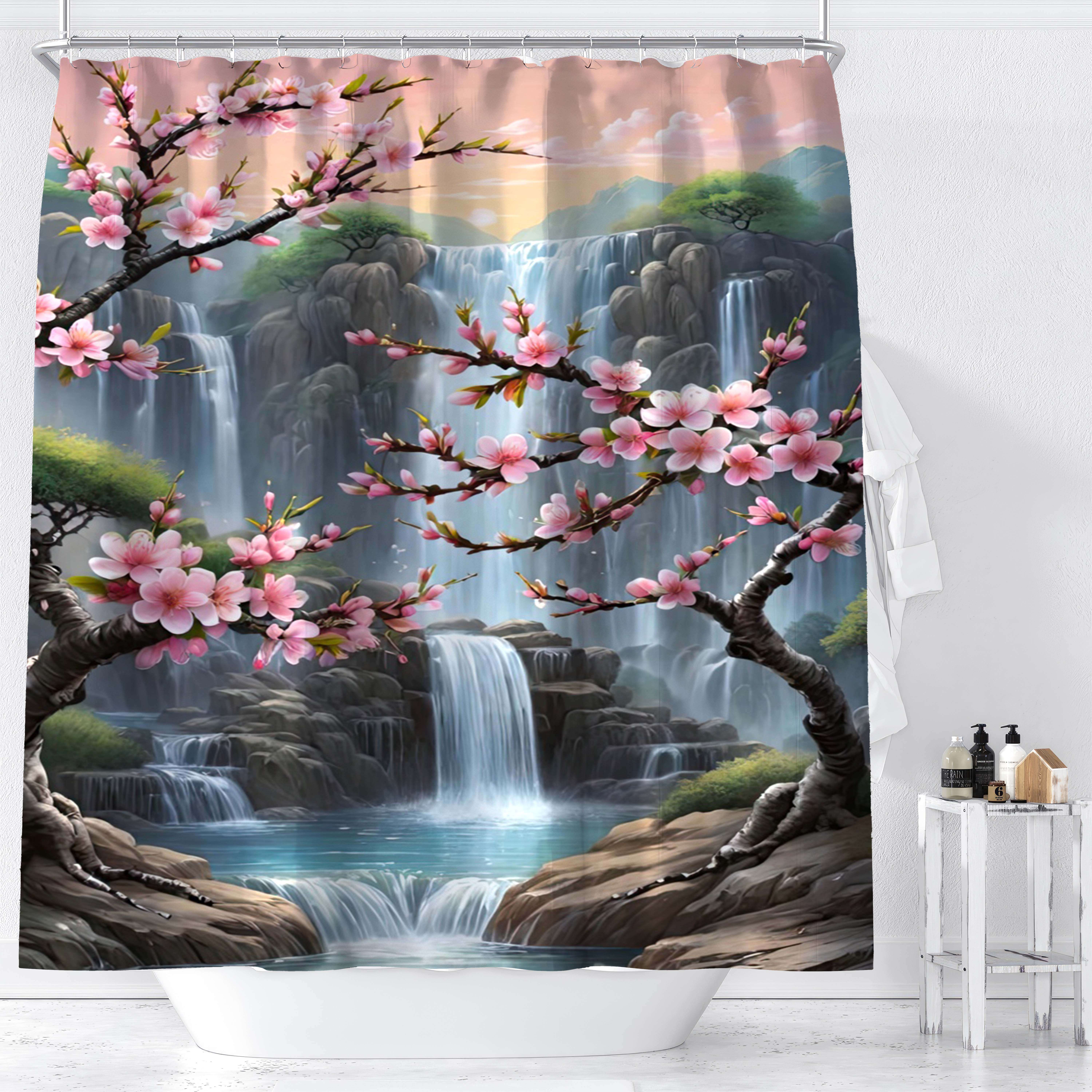 

1pc Waterfall Peach Floral Scenery Digital Print Shower Curtain, Forest Cliff Landscape, Green Foliage, Bathroom Decor