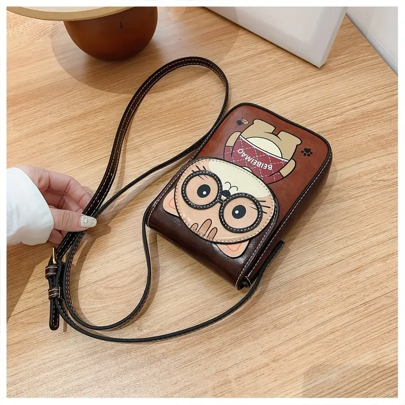 2025 mini cute cat animal print crossbody bag for women - adjustable strap, snap closure, nylon lining, olive brown/beige/pink - compact phone purse, mini purse, casual accessory, design, stylish , small handbag, casual wear, women s accessory, trendy accessory, durable material, women s handbag, details 8