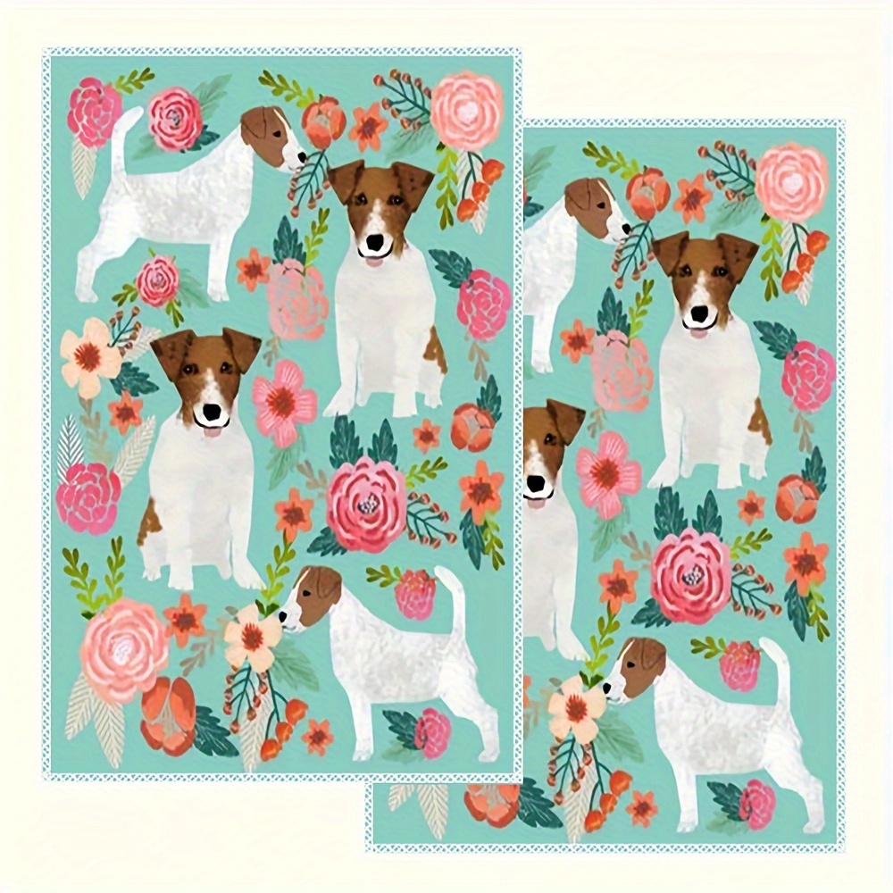 

Vintage Style Jack Floral Dog Kitchen Towel Set, 2-pack, Polyester Woven Dish Cloths, Machine Washable, Absorbent Quick Dry Towels, Cartoon Theme, Oblong Shape, 16x24 Inches