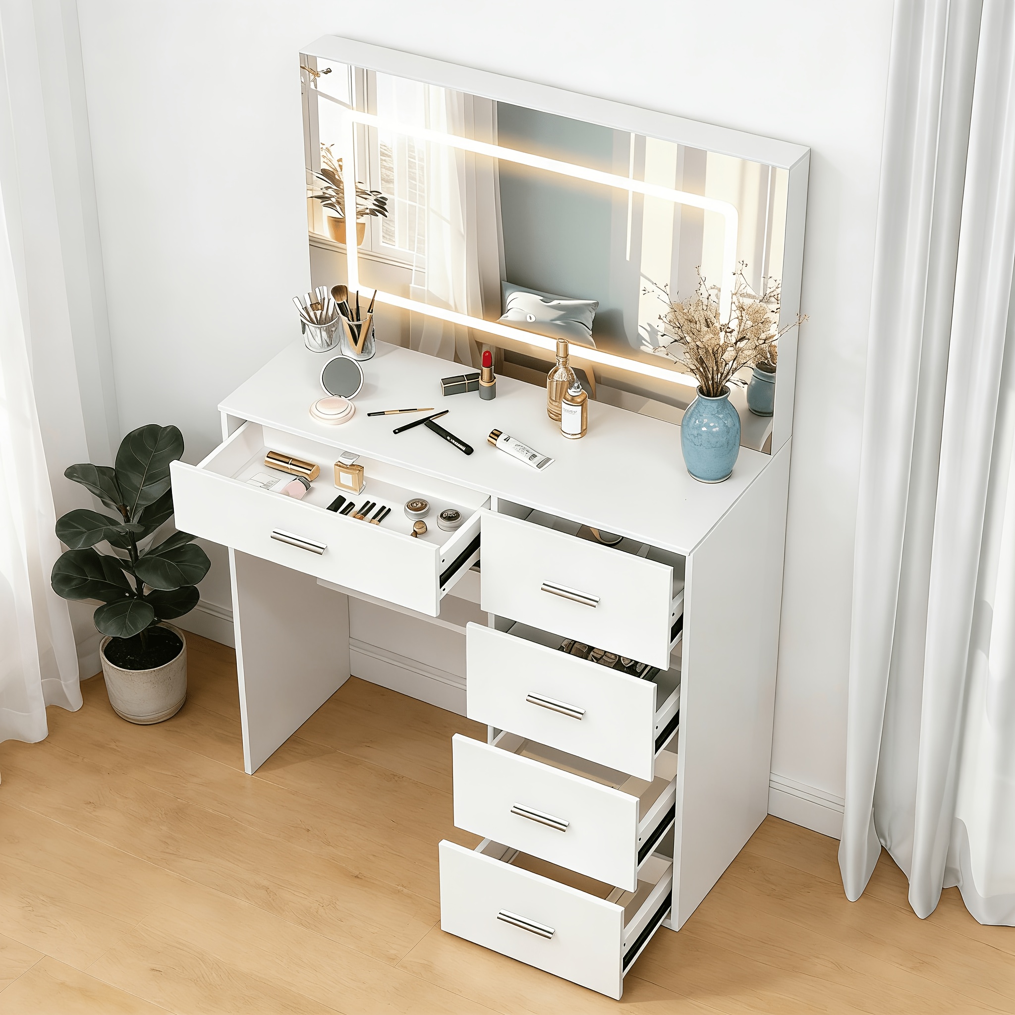 Makeup Vanity with Mirror and 3 Lighting Modes, 5 Drawers