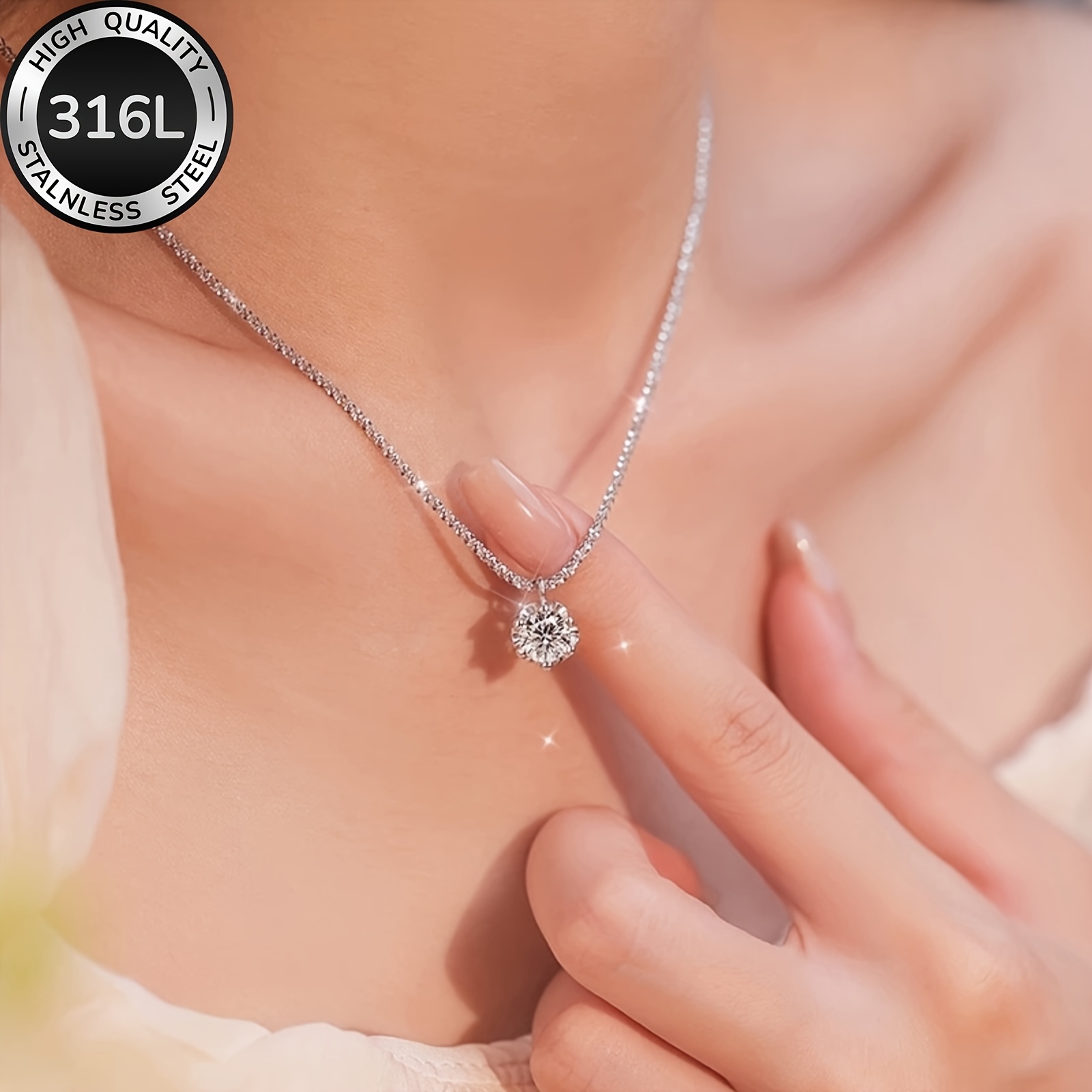 1pc Elegant and Shiny 316L Stainless Steel Women's Necklace, Wedding Eternity Necklace, Inlaid with Synthetic Cubic 3A Zirconia, Durable Hypoallergenic Design, Suitable for Daily Wear, Banquets, Weddings, Christmas Gifts, Valentine's Day Luxury