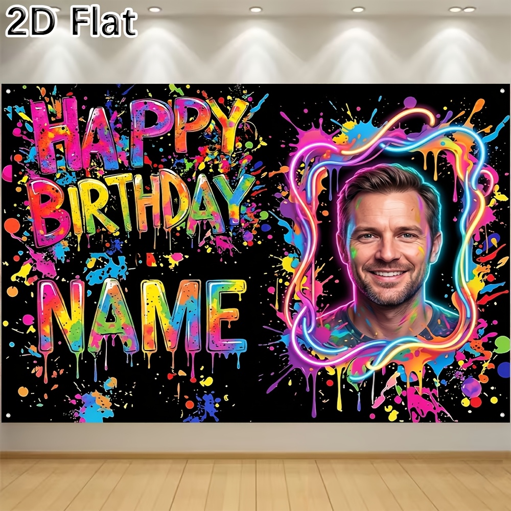 TEMU 2d Flat, [2d Plat] 1pc Party Banner Custom Photo Name Fun Bright Colorful Splash Ink Neon Happy Birthday Backdrop For Birthday Party Celebration