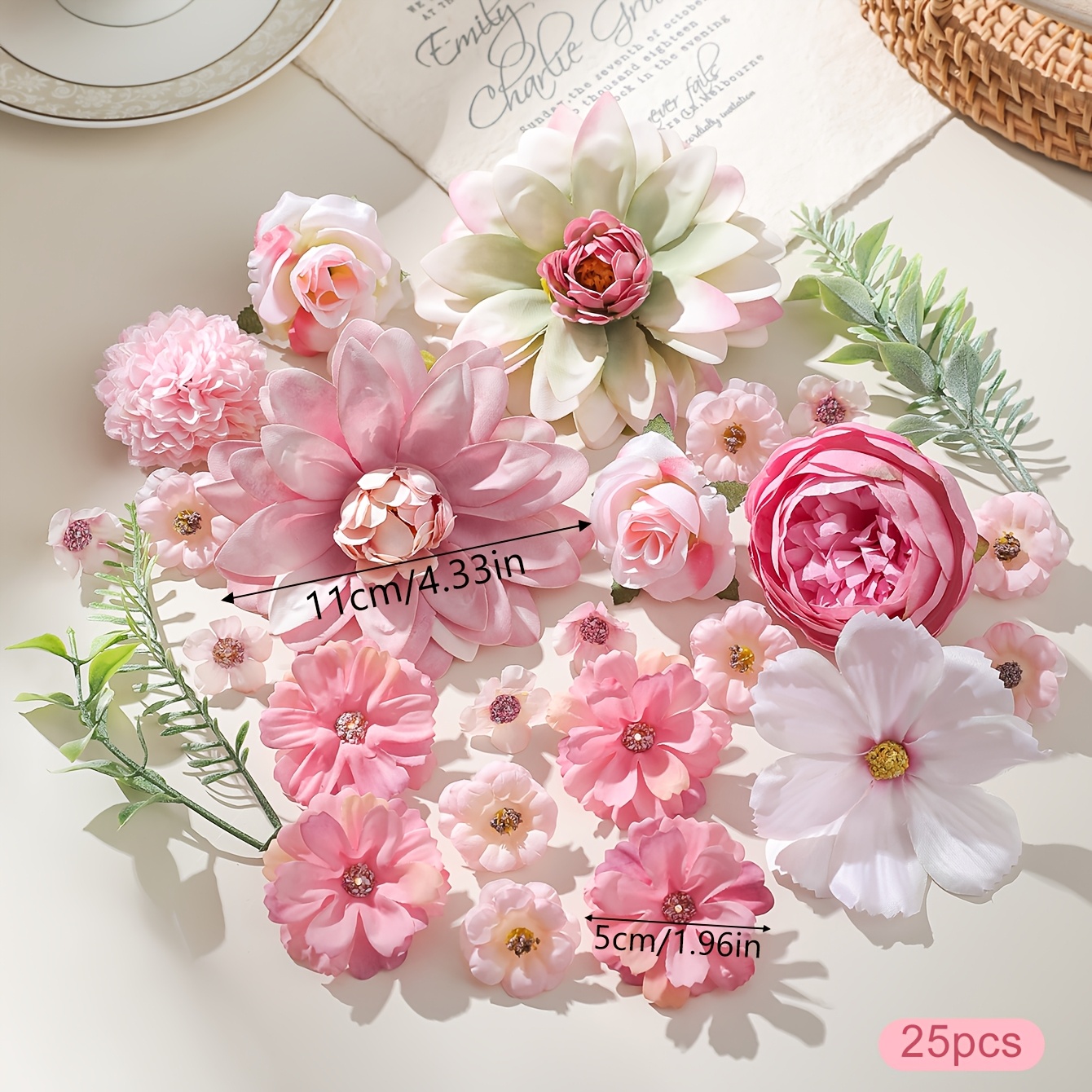 TEMU Lot de 25/50 têtes de fleurs artificielles, mélange rose et blanc, têtes de fleurs en soie, fausses pour décoration artisanale, guirlande, de de