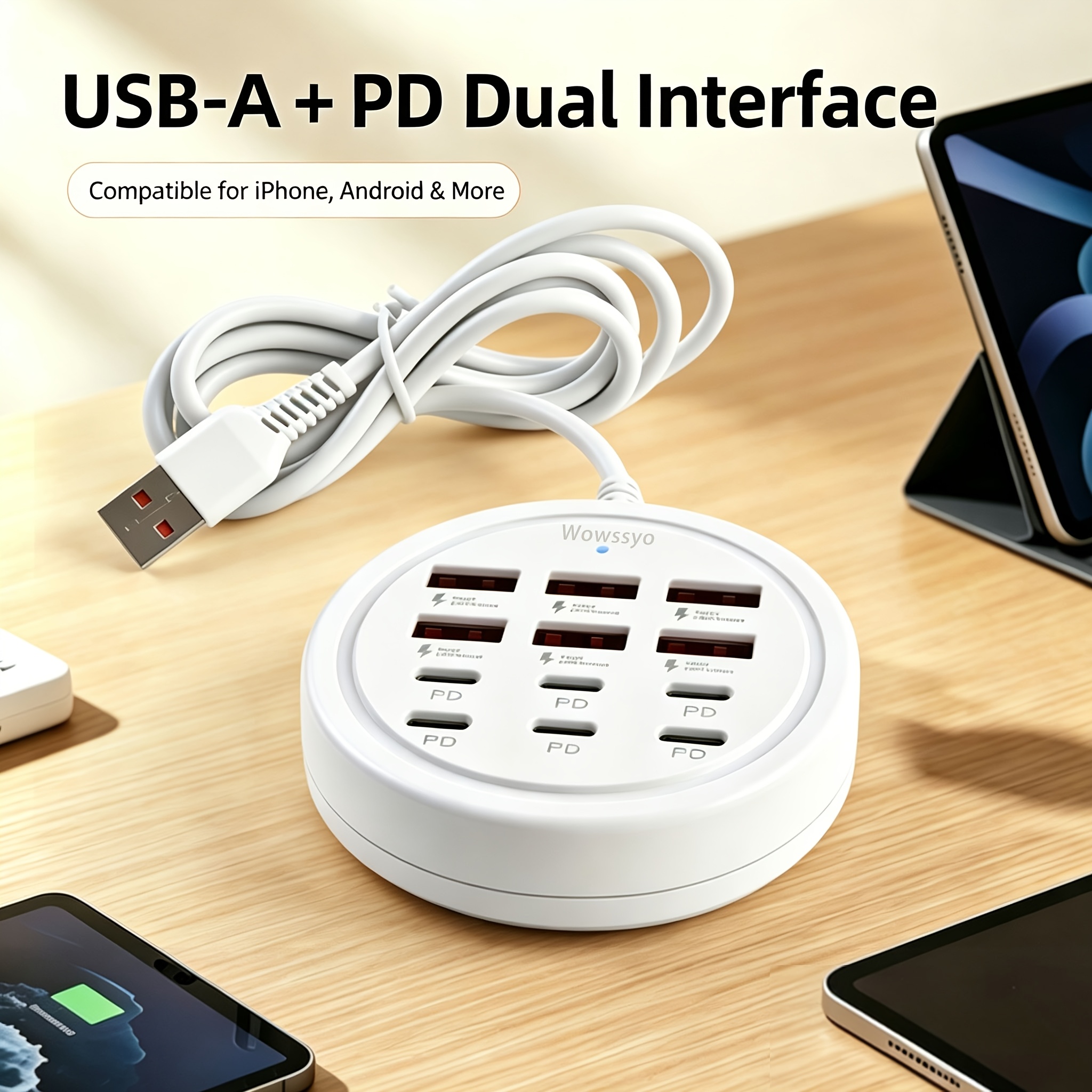 TEMU Wowssyo 66W 12-in-1 USB-C Schnelllade-, 6 USB-Anschlüsse + 6 Typ-C-PD-Anschlüsse, Mehrfach-Ladestation, kompatibel mit USB-Hubs