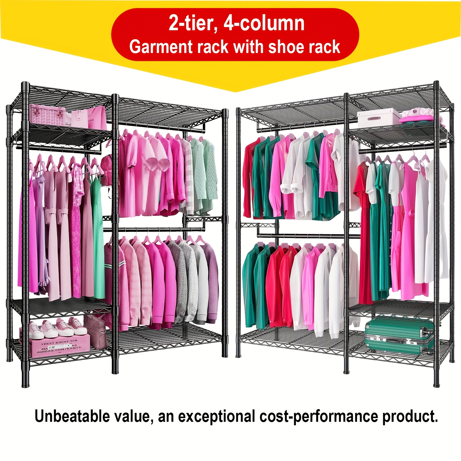 

4-tier Clothing Rack, Heavy Duty Clothes Rack, 780lbs Capacity, Carbon Steel, & Sturdy Metal Garment Rack With 3 Hanging Rods, Freestanding Closet, 45" W X 77" H X 17.5" D, Black, Great