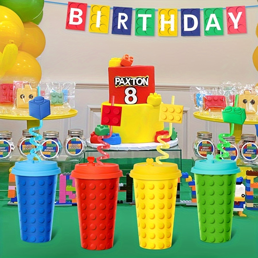 

4 Pack Building Blocks Party Favors Goodie Cups, 16oz Birthday Party Cups In 4 Designs, Reusable Colorful Blocks Plastic Birthday Party Supplies Decorations Cups With Lids Plugs Babyshower