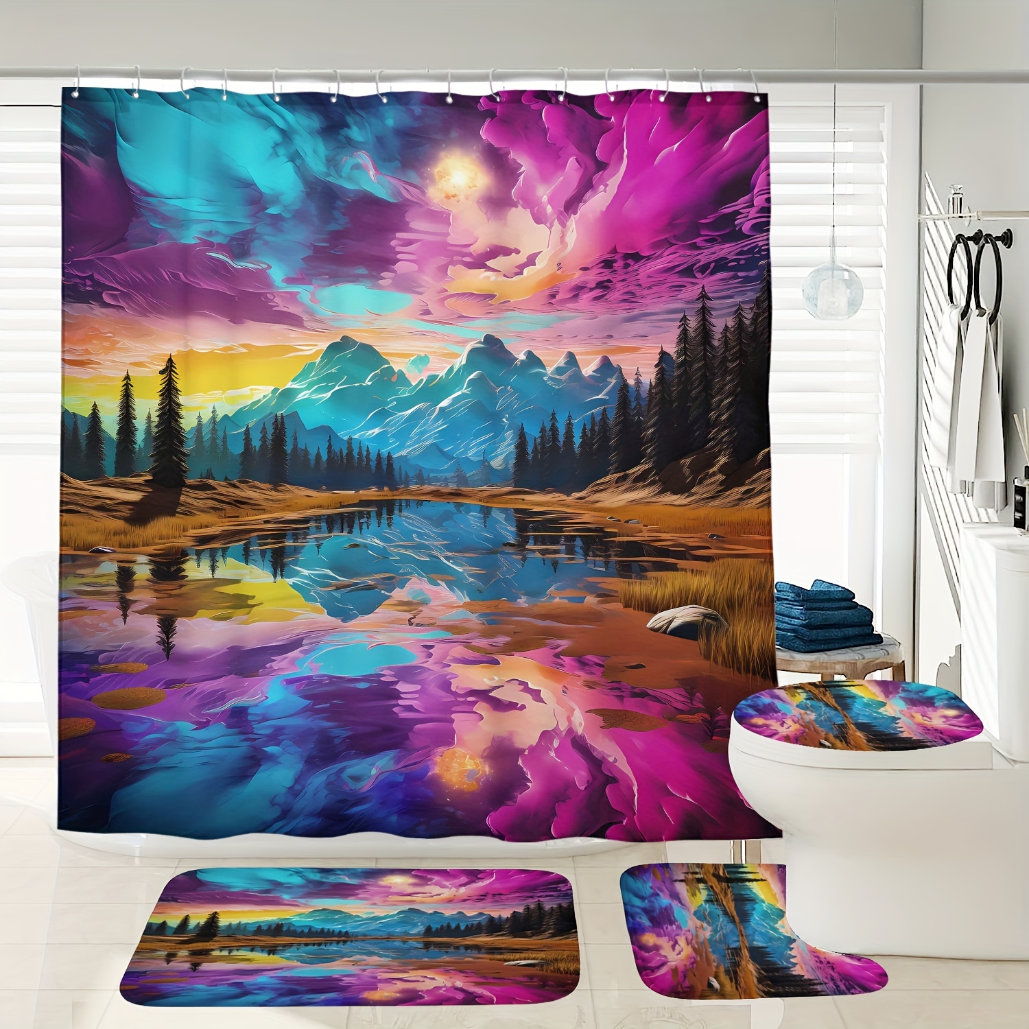 

1/4pcs Colorful Clouds Mountain Pattern Shower Curtain Set, Waterproof Shower Curtain With Hooks, Non-slip Bath Rug, U-shape Mat, Toilet Lid Cover Pad, Home Decor, Bathroom Accessories