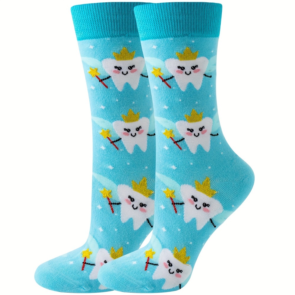 

1 Pair Cute Cartoon Tooth Pattern Socks, Comfy & Breathable Mid Tube Socks, Women's Stockings & Hosiery