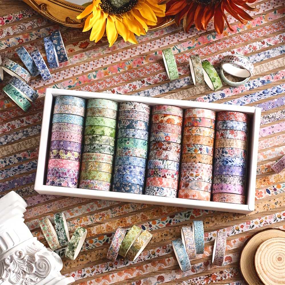 E-shop Set mit 60 Rollen Vintage Blumen Deko Klebeband, je 2 Meter lang, mit goldenen Folienmustern. Ideal für Kunst und Handwerk, Journaling, Planer,