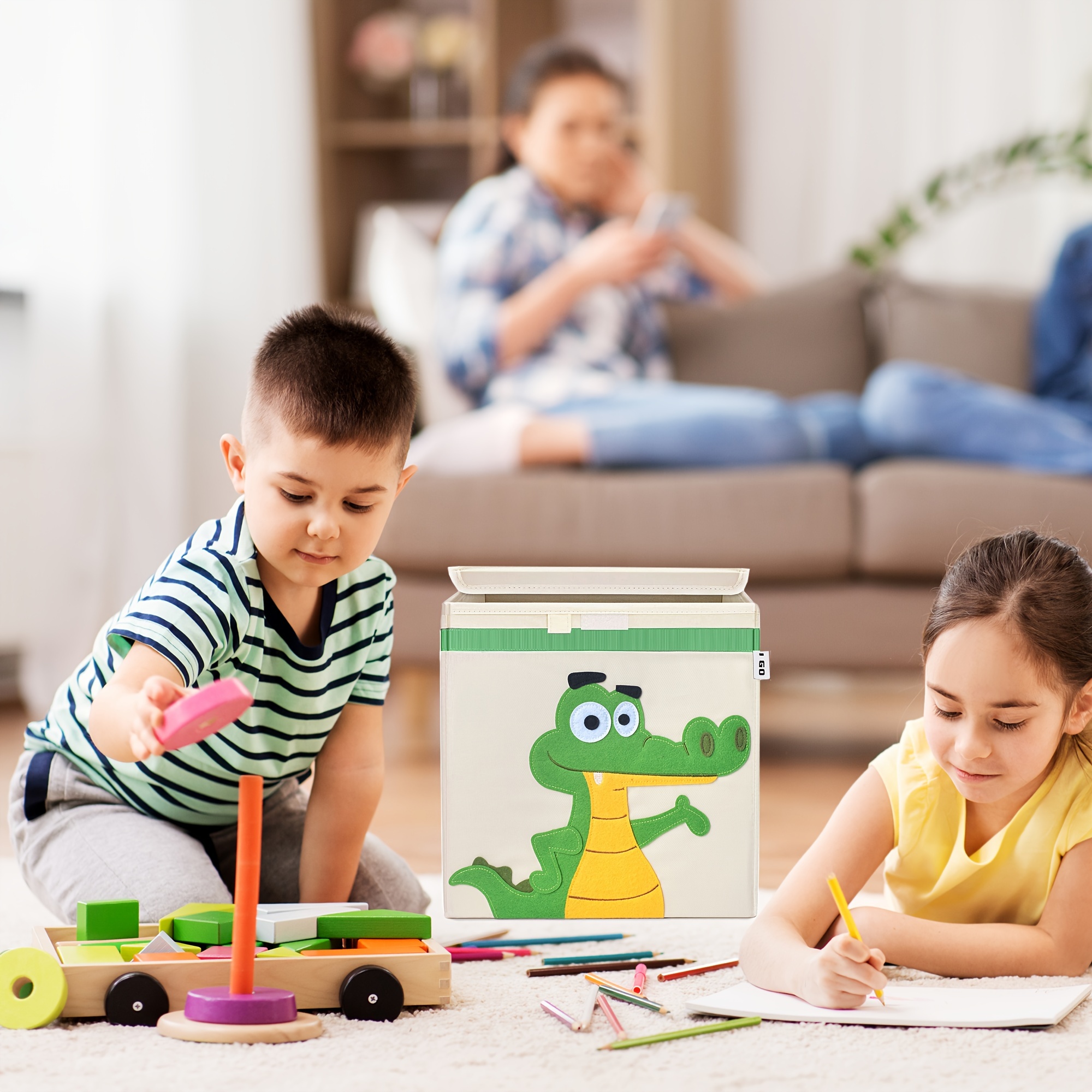 Foldable Cartoon Animal Storage Box with Lid and Handles, Large Capacity