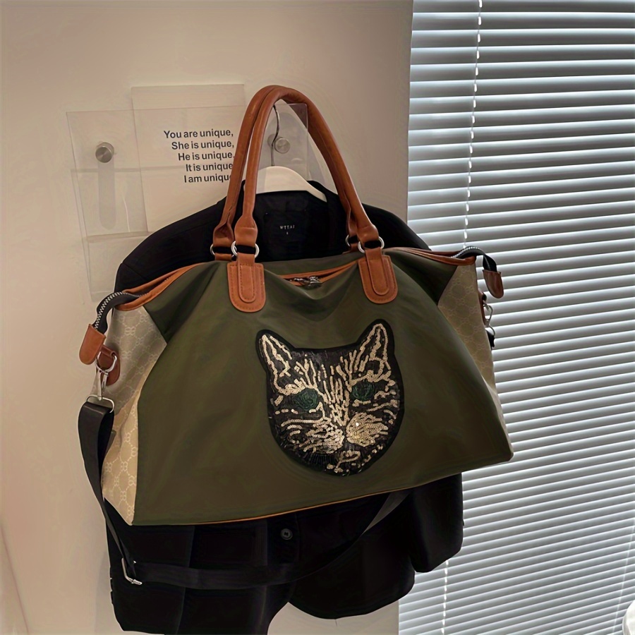 

Large Capacity Sequins Cat Pattern Luggage Handbag, Versatile Portable Duffle Bag, Short Distance Zipper Storage Bag