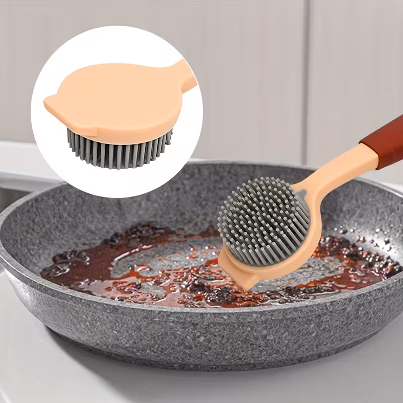 durable pp long handle cleaning brush soft silicone bristles for scrubbing ideal for kitchen dishes pots non electric stain removal kitchen cleaning tool soft bristle brus Product details 4