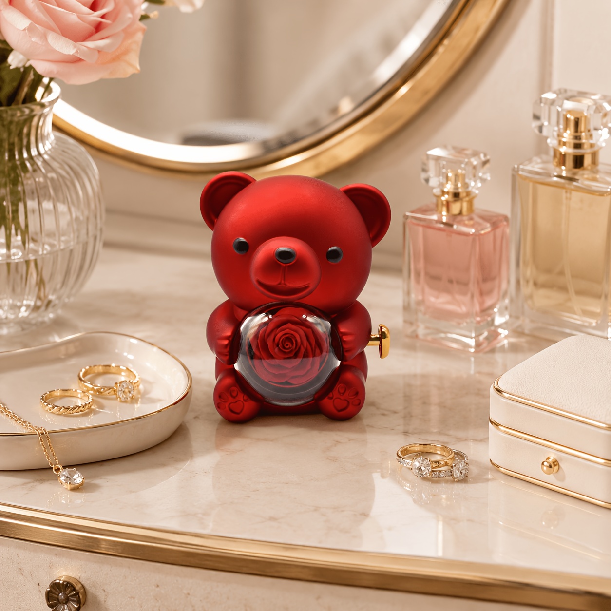 Red Rose Bear Gift Box - 360 Rotating Artificial Rose Bear - Romantic gifts for her girlfriend wife