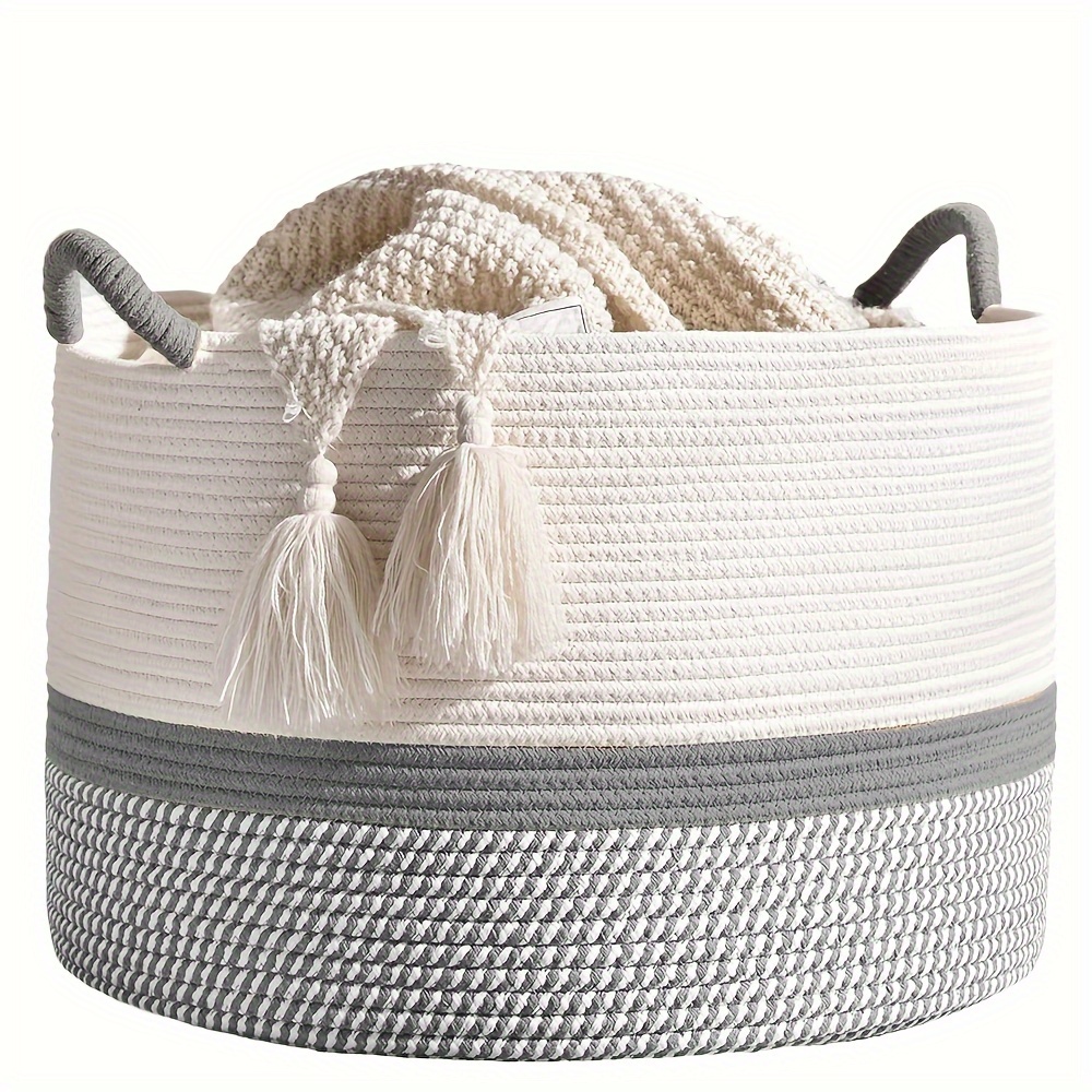 

1pc Large Basket (20 "x13"), Woven Basket For Storing Baby Laundry Basket, Cotton Rope Blanket Basket For Living Room, Laundry Room, Nursery, Pillow, Toy Box - Gray