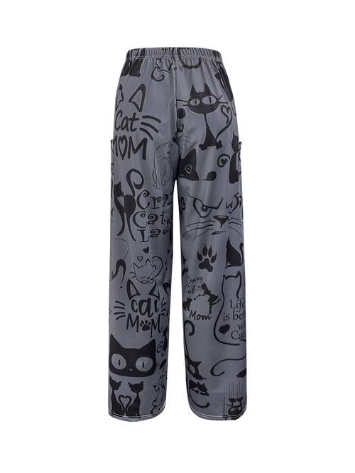 cute black cat print straight leg pants for women loose fit casual trousers with illustrations machine washable spring autumn casual wear pants elastic waistband