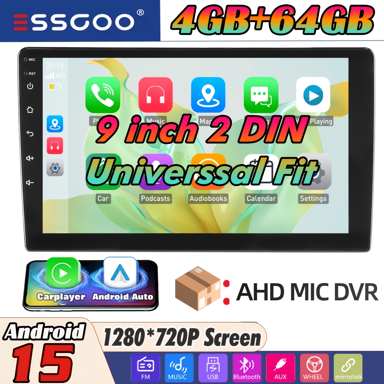 Essgoo 4+64g 15 Car Stereo Auto Radio, 2 Din Inch/22.86cm Ips Hd 1280*720p Screen With Wireless Carplayer Auto, , Fm/rds Radio, B-t Wifi Gps Swc Eq Carradio With Dashcam & Microphone & Ahd Camera