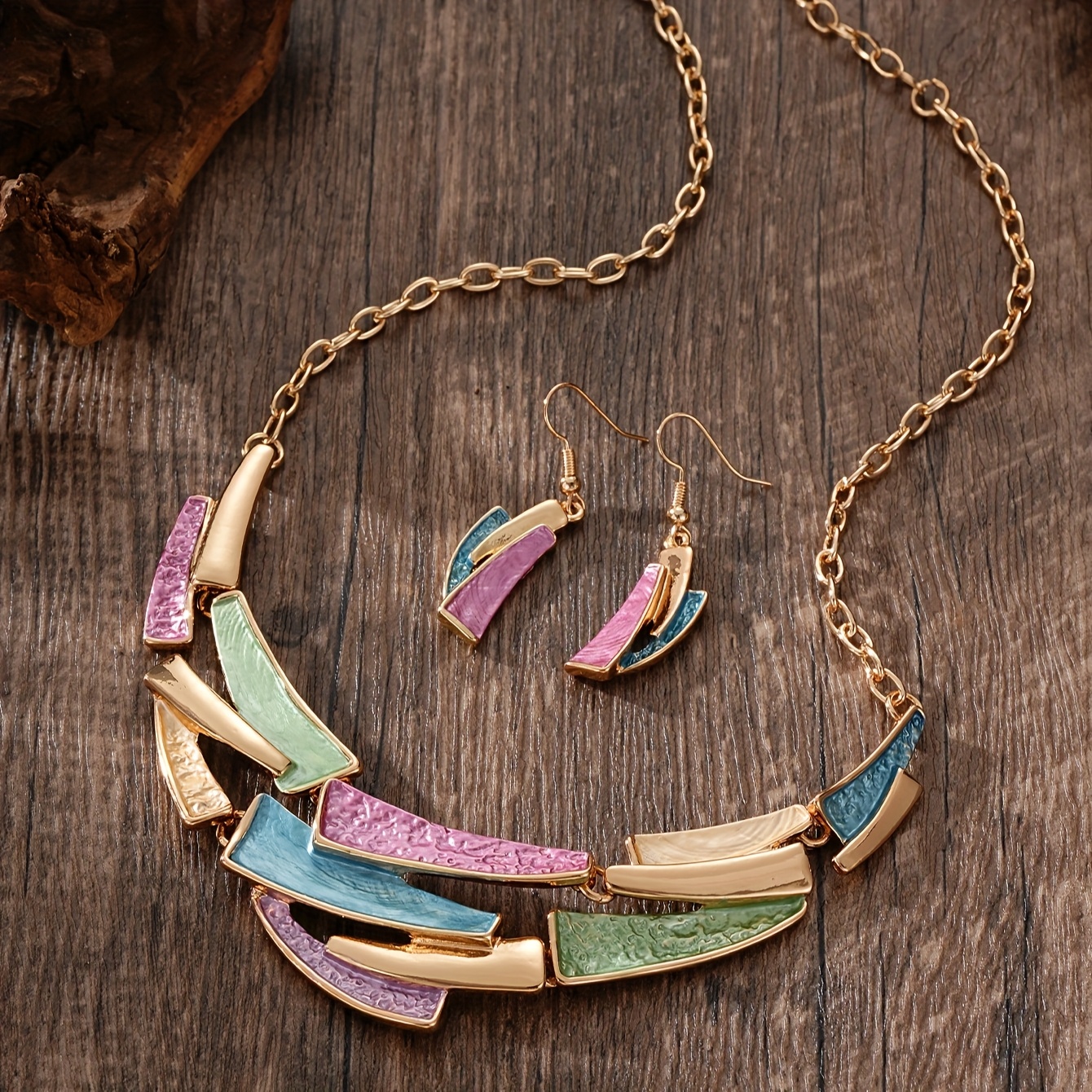 TEMU Women's Jewelry Set - Elegant Geometric Link Necklace & Earrings, Kc Golden Plated, Vintage Bohemian Style, Perfect For Daily Wear Or Parties,