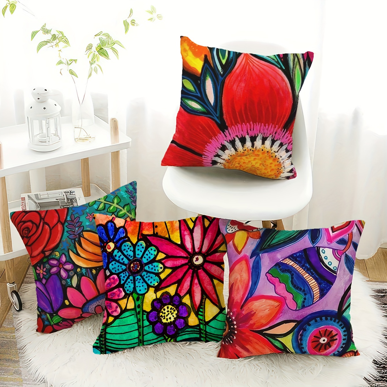 

4pcs, Short Plush Pillow Cushion Cover Cushion Cover Pillow Cover Ultra Soft Single-sided Printing18in*18in Abstract Art Pattern Flowers Sofa Car Cushion No Pillow Core