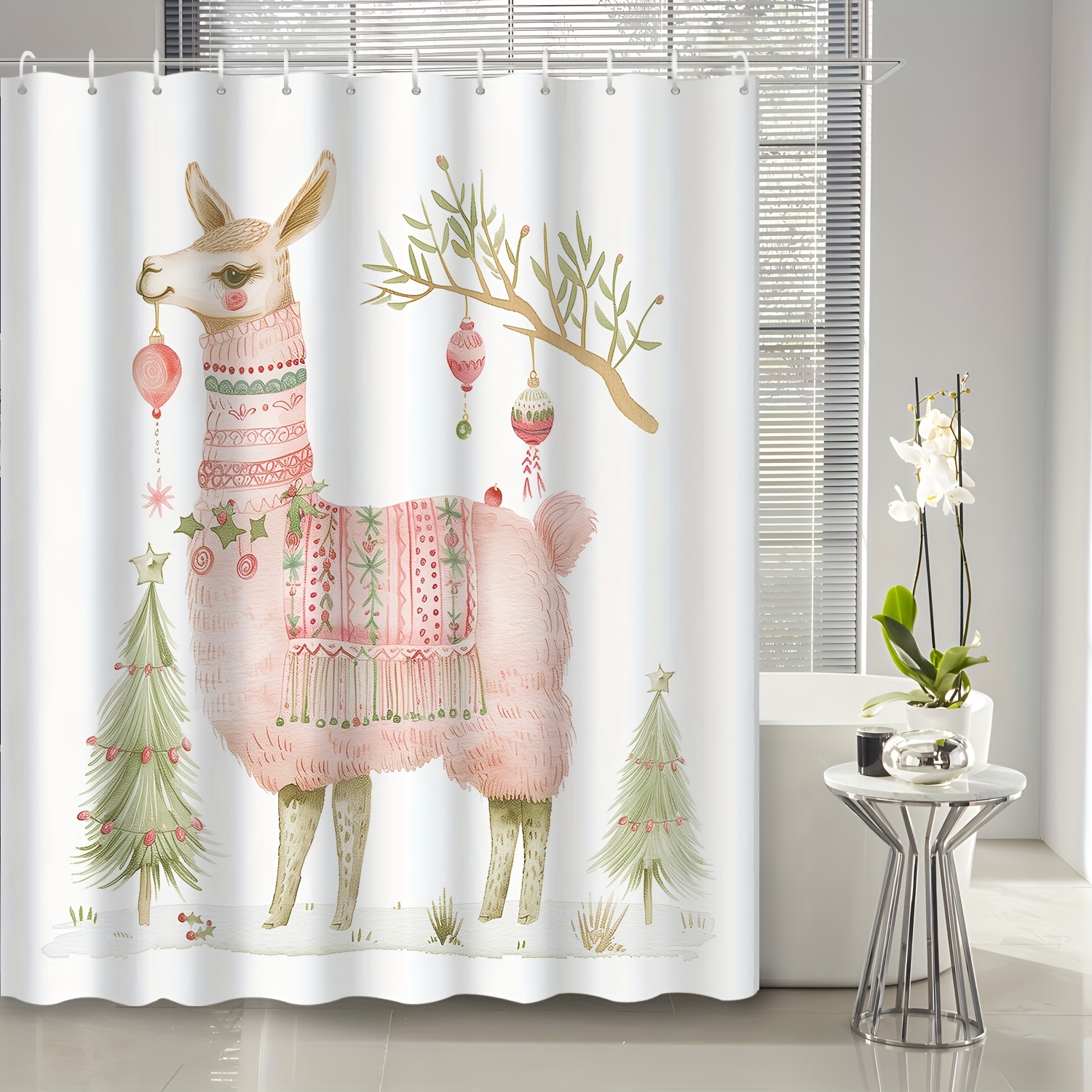 

1pc Christmas Cute Bohemian Cartoon Alpaca Pine Print Shower Curtain, Waterproof Polyester Fabric, With 12 Hooks, Waterproof Shower Curtain, Bathroom Accessories