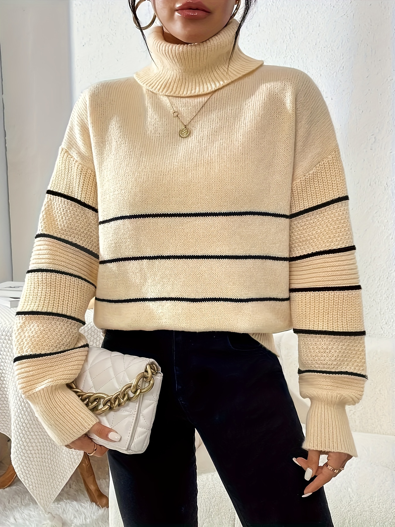 womens elegant high neck striped sweater black beige Temu United