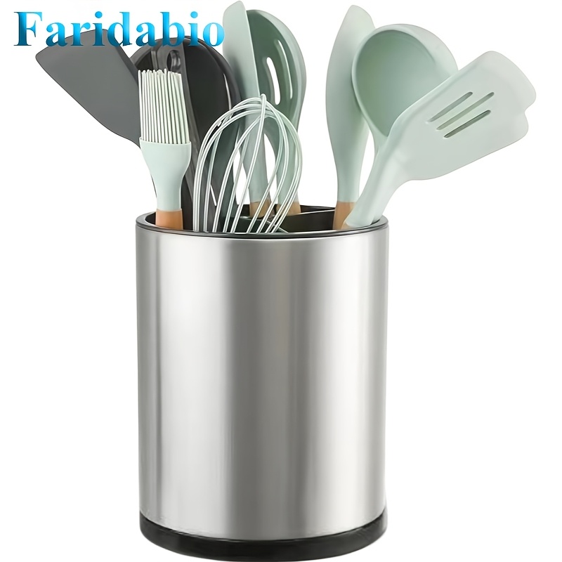 

Faridabio 360° Rotating Large Countertop Organizer: Stainless Steel, 3 Compartments, Tool Container For Cooking Silverware, Cutlery, Spoons, Spatulas And Knives Storage