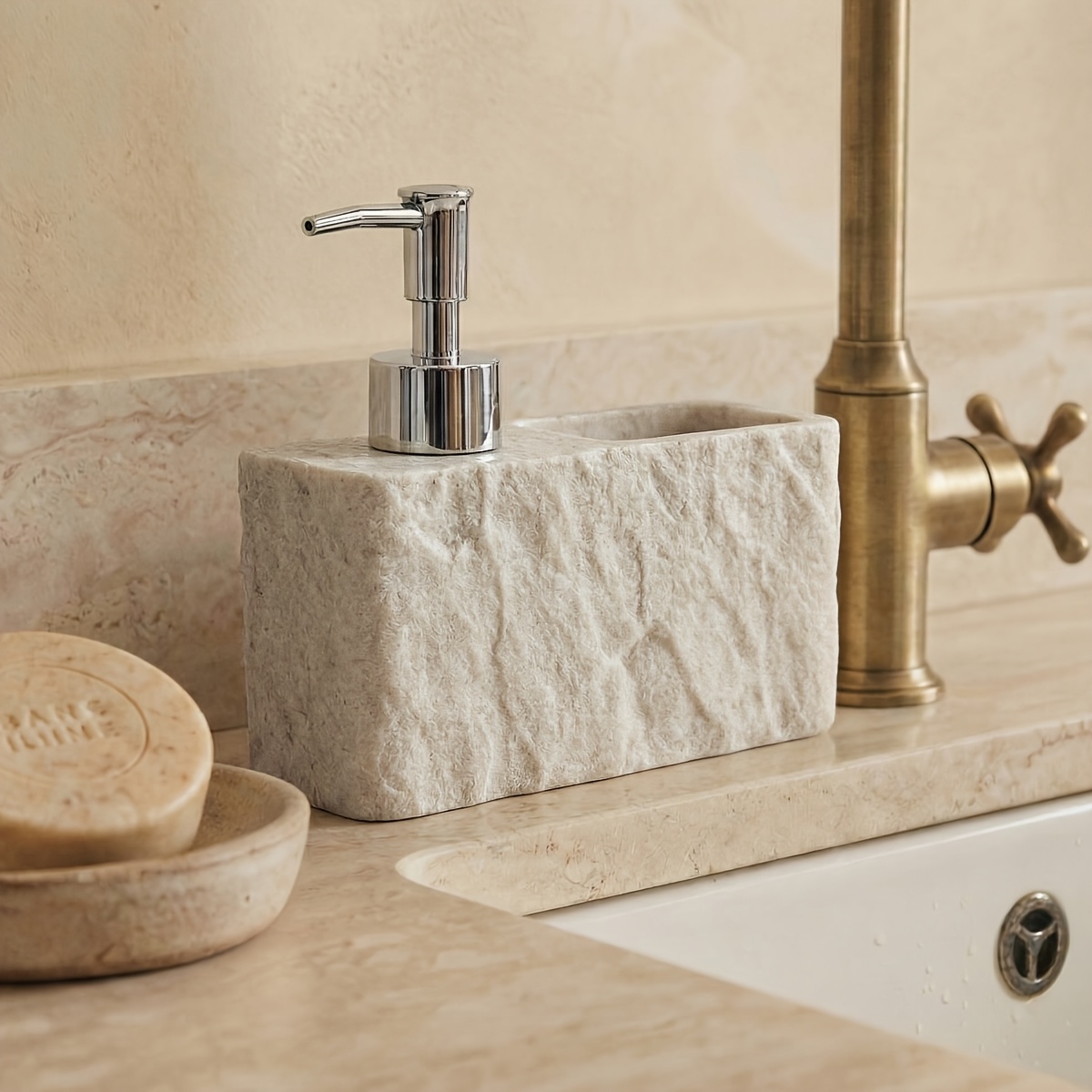 TEMU Dispensador de jabón de en 1 de resina estilo roca natural con soporte para esponja, para fregadero de cocina y baño