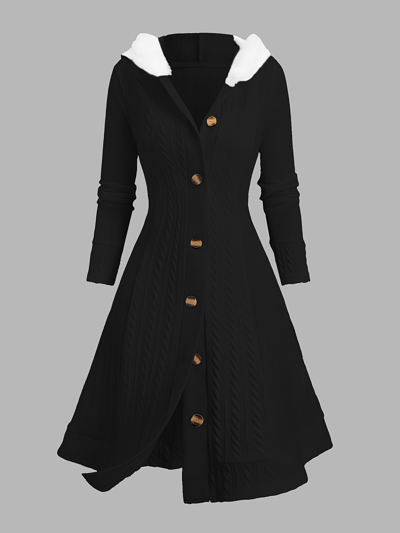 Abrigo tejido con capucha estilo Y2K para mujer, 100% poliéster, color liso, abrigo largo con botones y detalles de pelo sintético, diseño de tejido de cable, colección otoño/invierno