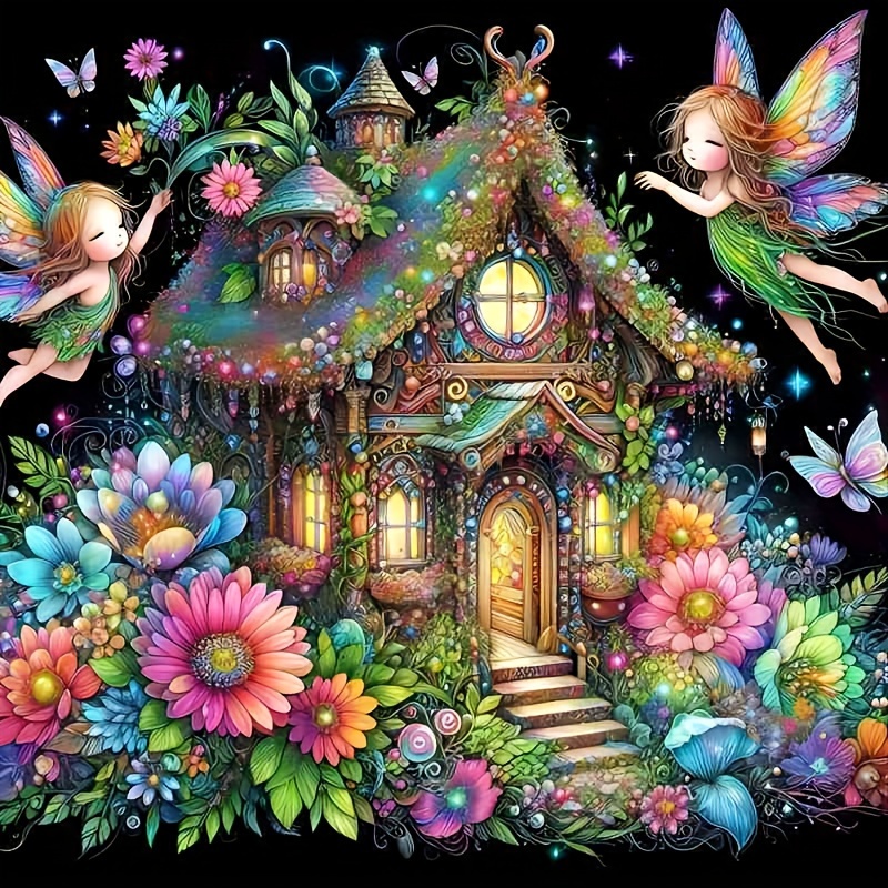 

5d Diy Fairy And Flower House Diamond Painting Kit, Full Round Drill Canvas Landscape Theme Cross Stitch Art Craft For Beginners, Ideal Home Decor And Handicraft Gift For Friends And Family