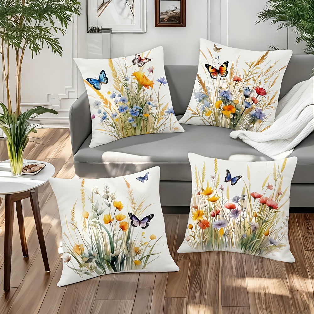 E-shop 4 Stück Kissenbezüge mit Aquarell-Textur Wildblumen (Gänseblümchen, Kornblumen, Mohnblumen usw.) als Hauptmotiv. Ideal für Wohnzimmer, Sofas,