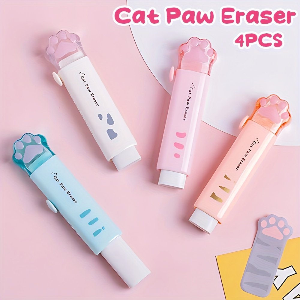 

4pcs Kawaii Push-pull Design Cat Paw Rubber Erasers, Retractable Cartoon Pencil Erasers, Correction Tool, Eraser For Writing And Painting, Office Supplies Gift Creative Stationery