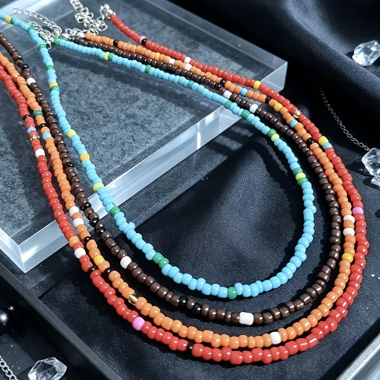 TEMU 1 Set Of 4pcs New Fashionable Elegant High-quality Women's Bohemian Ethnic Style Pure Handmade Bead Colored Rice Bead Necklace Set Individual