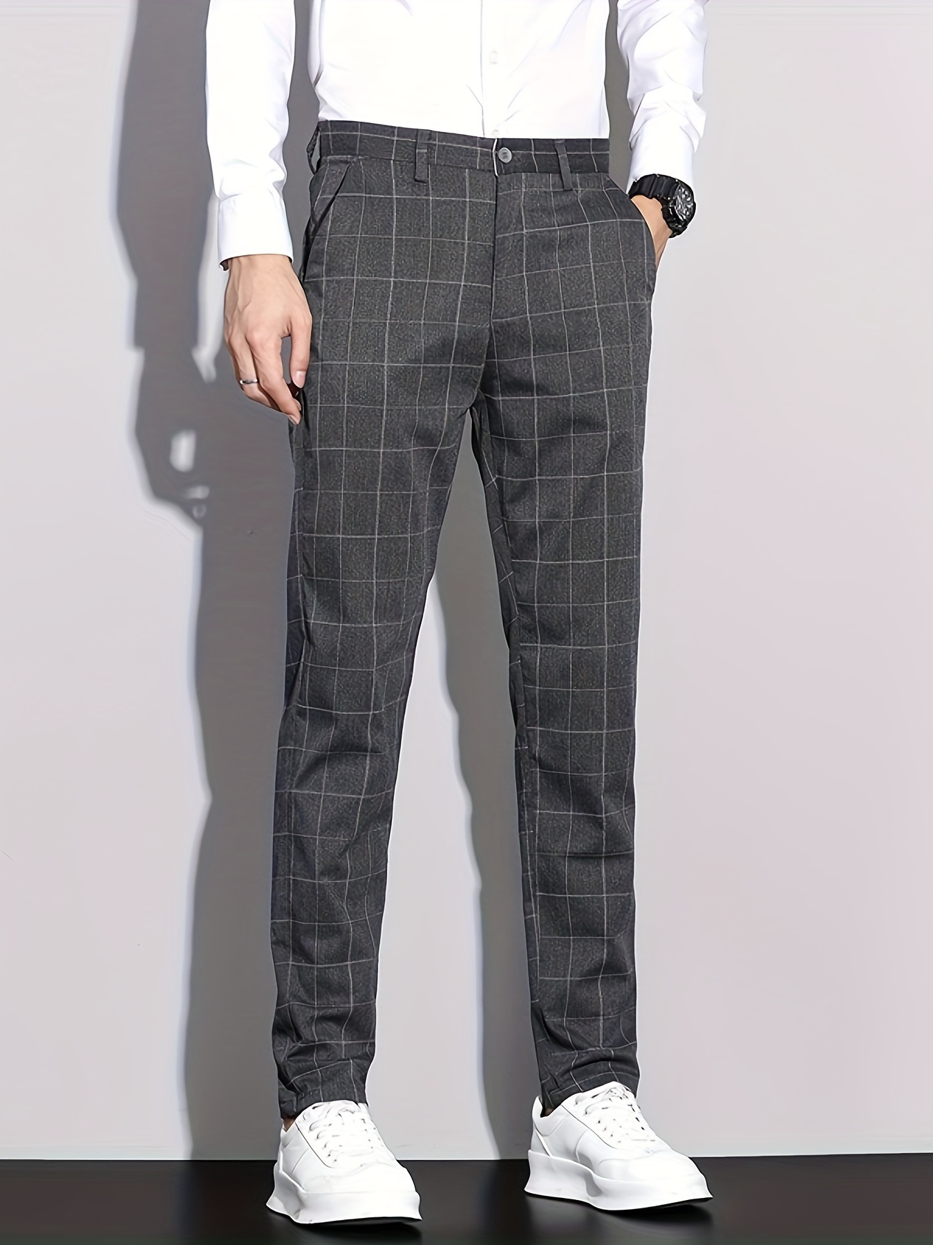 Men's Formal Checkered Slim Fit Trousers - Fall/Winter Collection - Polyester Blend - No Stretch - Regular Length - Suitable for European Market